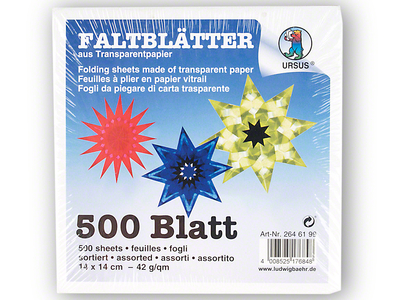 Origami Faltblätter, 14 x 14 cm, transparent, 42g/m², P/500 Blatt, farbig sortiert