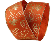 Dekoband mit Drahtkante, terracotta, mit goldenen Herzen, 2 m x 4 cm