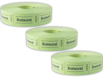 Rollen-Wertmarken,  3 x 1000 Abrisse, mit Aufdruck "Bratwurst", grün