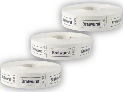 Rollen-Wertmarken,  3 x 1000 Abrisse, mit Aufdruck "Bratwurst", weiss