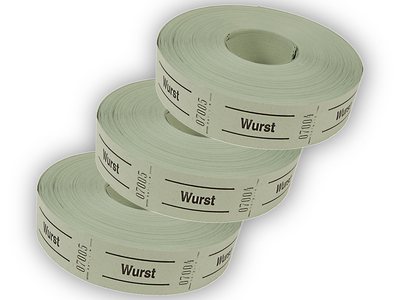 Rollen-Wertmarken, 3 x 1000 Abrisse, mit Aufdruck "Wurst", grün