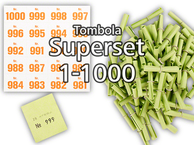 Tombola Superset Röllchenlose grün Gewinne & Aufklebenummern 1-1000