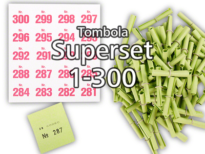 Tombola Superset Röllchenlose grün Gewinne & Aufklebenummern 1-300