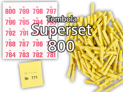 Tombola Superset Röllchenlose gelb Gewinne & Aufklebenummern 1-800