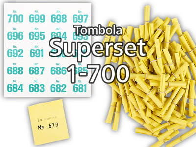 Tombola Superset Röllchenlose gelb Gewinne & Aufklebenummern 1-700