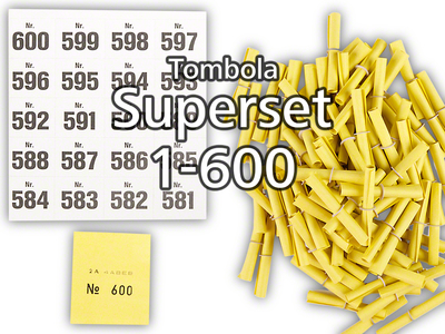 Tombola Superset Röllchenlose gelb Gewinne & Aufklebenummern 1-600
