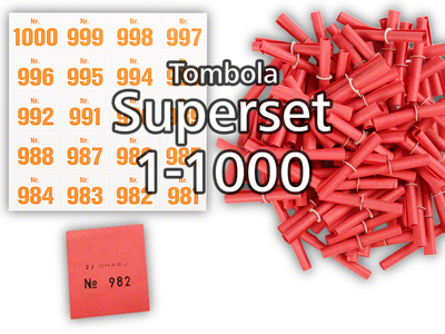 Tombola Superset Röllchenlose rot Gewinne & Aufklebenummern 1-1000