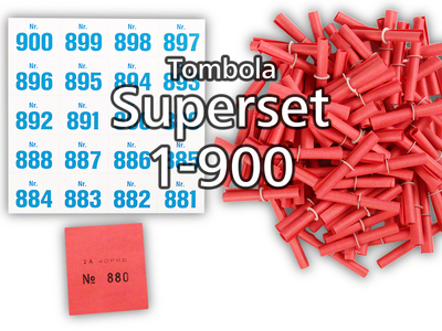 Tombola Superset Röllchenlose rot Gewinne & Aufklebenummern 1-900