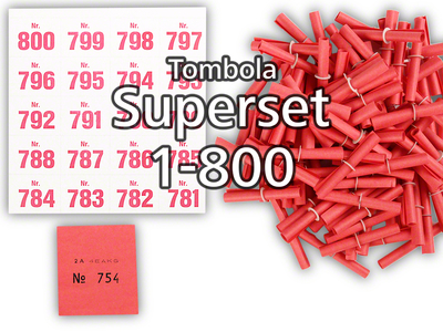 Tombola Superset Röllchenlose rot Gewinne & Aufklebenummern 1-800