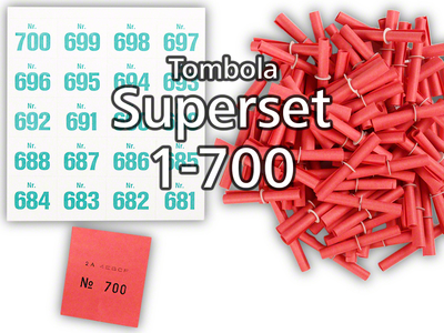 Tombola Superset Röllchenlose rot Gewinne & Aufklebenummern 1-700