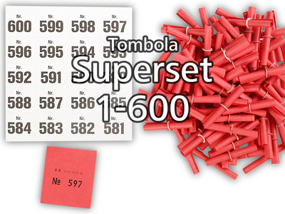 Tombola Superset Röllchenlose rot Gewinne & Aufklebenummern 1-600