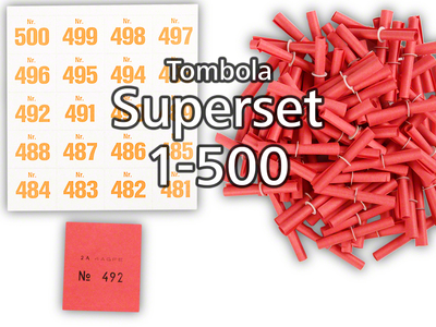 Tombola Superset Röllchenlose rot Gewinne & Aufklebenummern 1-500