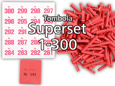 Tombola Superset Röllchenlose rot Gewinne & Aufklebenummern 1-300