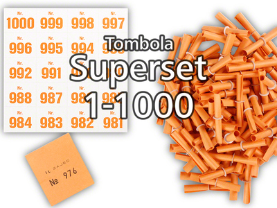 Tombola Superset Röllchenlose orange Gewinne & Aufklebenummern 1-1000