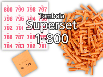 Tombola Superset Röllchenlose orange Gewinne & Aufklebenummern 1-800