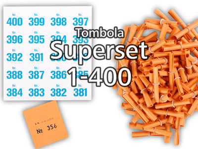 Tombola Superset Röllchenlose orange Gewinne & Aufklebenummern 1-400