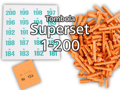 Tombola Superset Röllchenlose orange Gewinne & Aufklebenummern 1-200