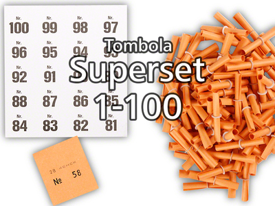 Tombola Superset Röllchenlose orange Gewinne & Aufklebenummern 1-100