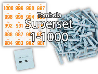 Tombola Superset Röllchenlose blau Gewinne & Aufklebenummern 1-1000