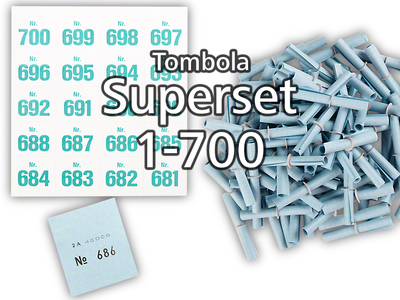 Tombola Superset Röllchenlose blau Gewinne & Aufklebenummern 1-700