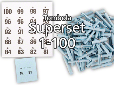 Tombola Superset Röllchenlose blau Gewinne & Aufklebenummern 1-100