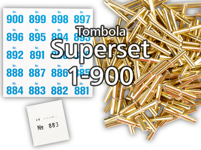 Tombola Superset Röllchenlose gold-glänzend Gewinne & Aufklebenummern 1-900