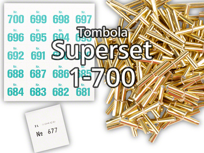 Tombola Superset Röllchenlose gold-glänzend Gewinne & Aufklebenummern 1-700