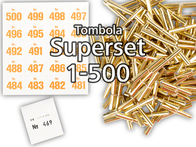 Tombola Superset Röllchenlose gold-glänzend Gewinne & Aufklebenummern 1-500