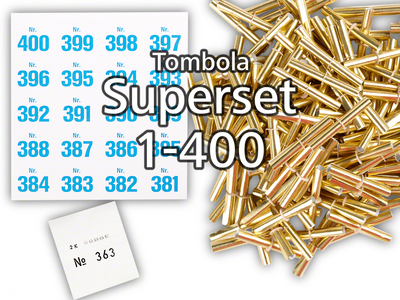 Tombola Superset Röllchenlose gold-glänzend Gewinne & Aufklebenummern 1-400