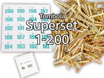 Tombola Superset Röllchenlose gold-glänzend Gewinne & Aufklebenummern 1-200