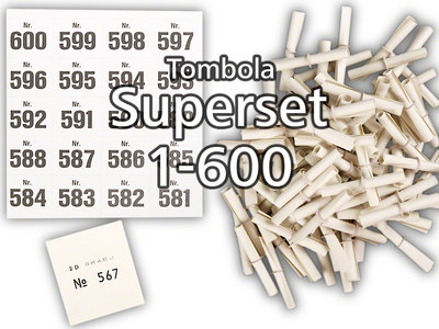 Tombola Superset Röllchenlose weiss Gewinne & Aufklebenummern 1-600