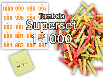 Tombola Superset Röllchenlose bunt gemischt Gewinne & Aufklebenummern 1-1000