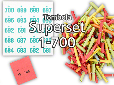 Tombola Superset Röllchenlose bunt gemischt Gewinne & Aufklebenummern 1-700