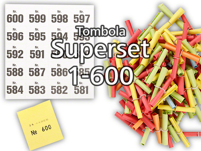 Tombola Superset Röllchenlose bunt gemischt Gewinne & Aufklebenummern 1-600