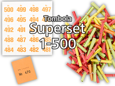 Tombola Superset Röllchenlose bunt gemischt Gewinne & Aufklebenummern 1-500