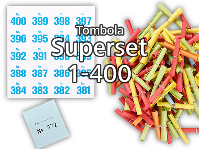 Tombola Superset Röllchenlose bunt gemischt Gewinne & Aufklebenummern 1-400