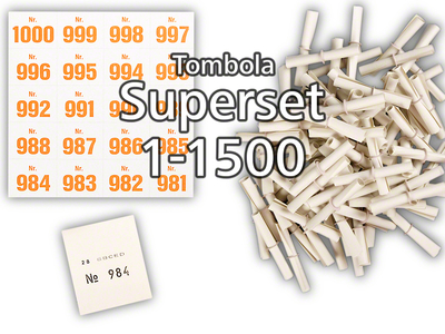 Tombola Superset Röllchenlose weiss Gewinne & Aufklebenummern 1-1500
