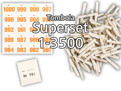 Tombola Superset Röllchenlose weiss Gewinne & Aufklebenummern 1-3500