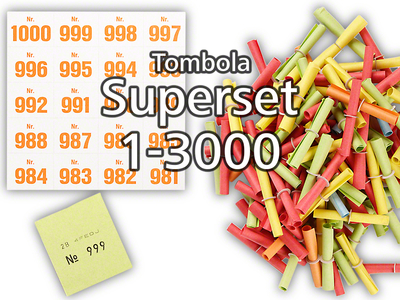 Tombola Superset Röllchenlose bunt gemischt Gewinne & Aufklebenummern 1-3000