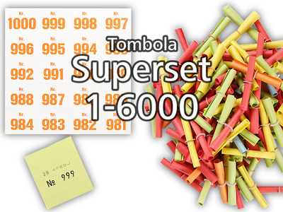 Tombola Superset Röllchenlose bunt gemischt Gewinne & Aufklebenummern 1-6000